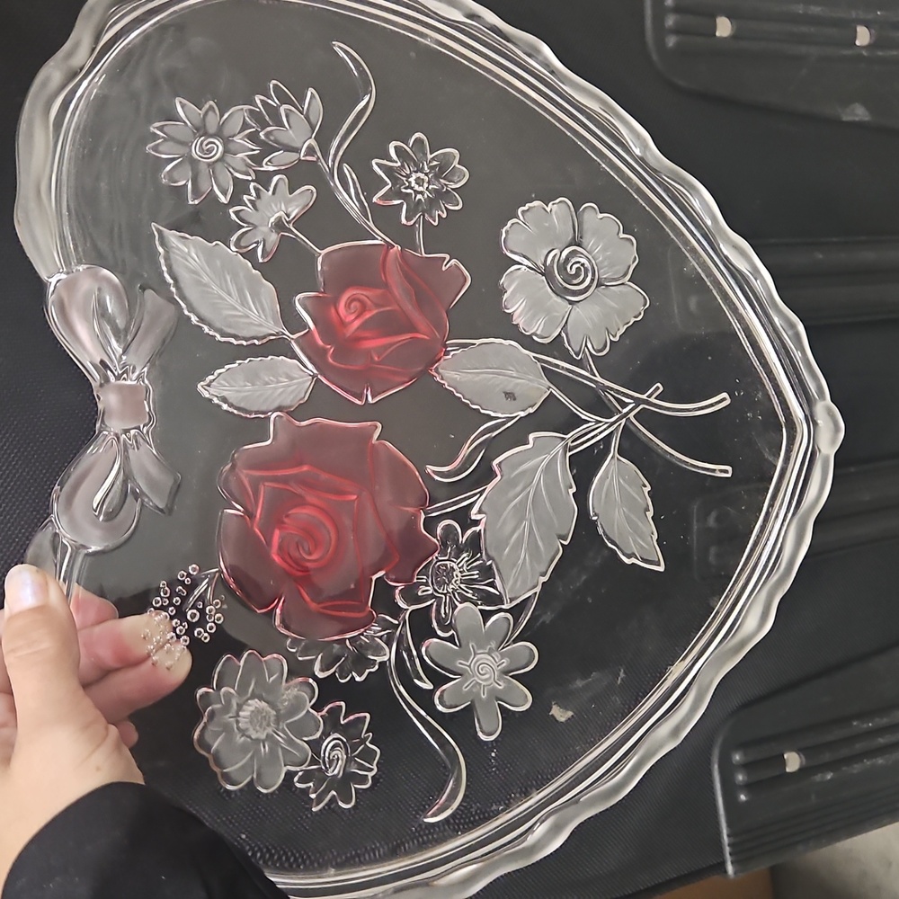 Rare LARGE Vtg Glass MIKASA CUT CRYSTAL back HEART w Bow Shaped Platter